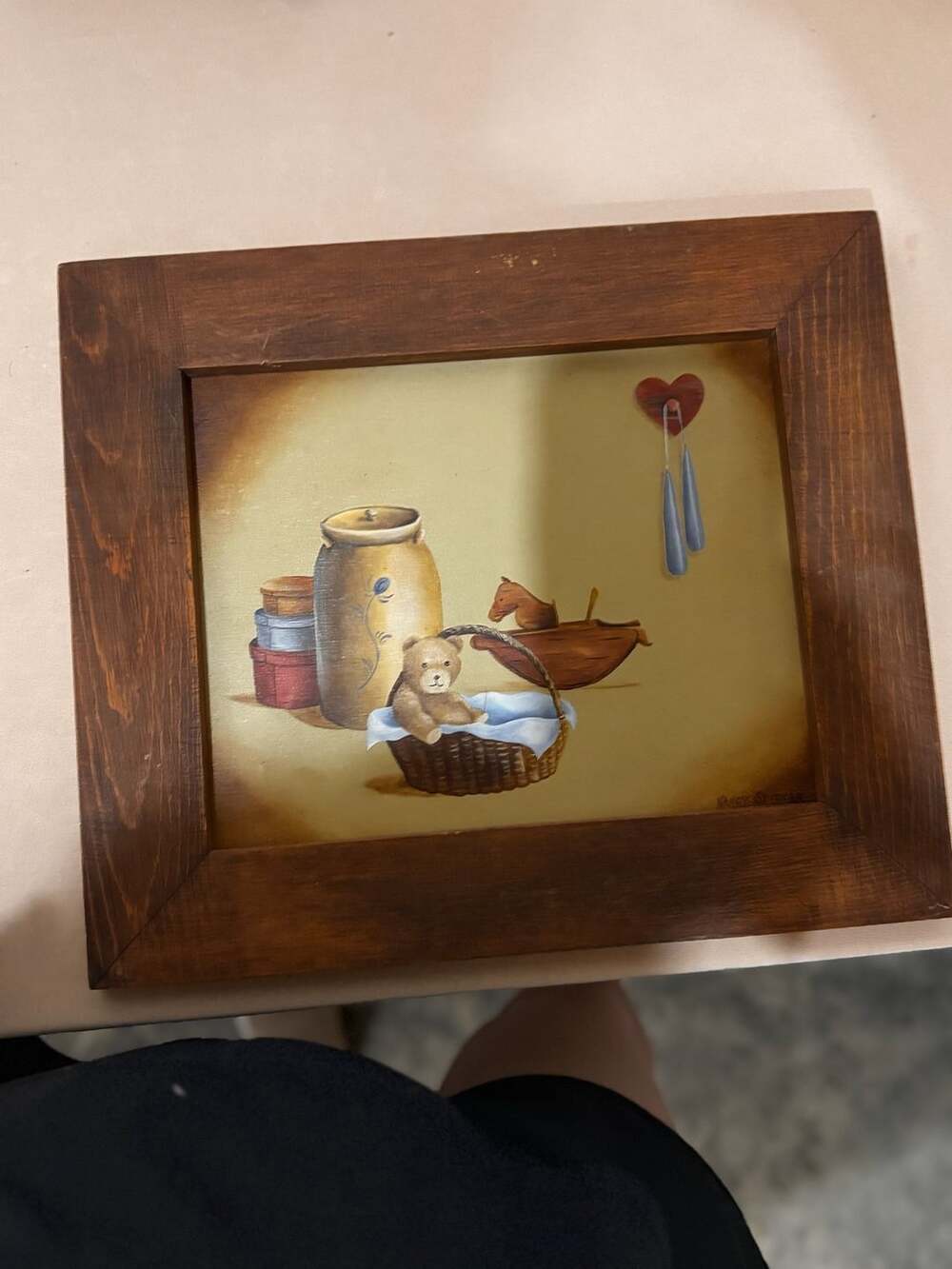 Nancy Spencer Framed Folk Art Painting Teddy Bear Crock